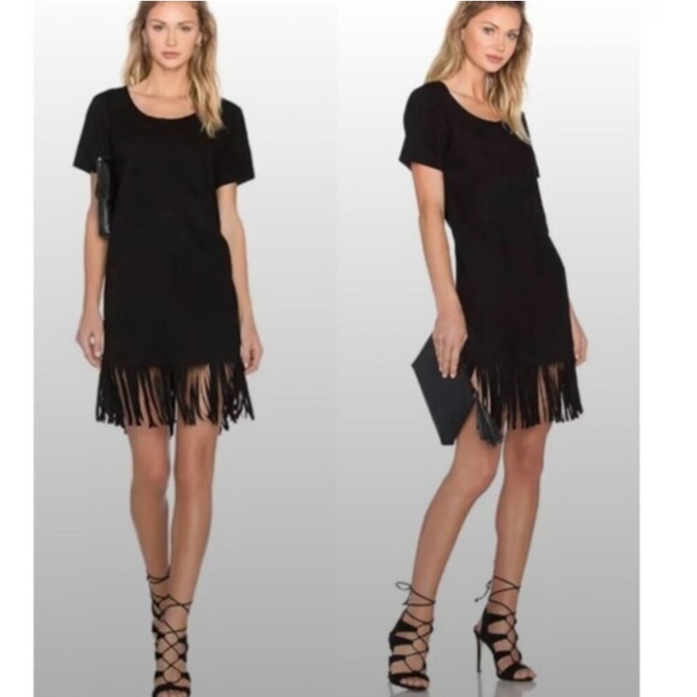 RtA Black Genuine Lamb Suede Leather Fringe Mini Dress Medium Western Revolve